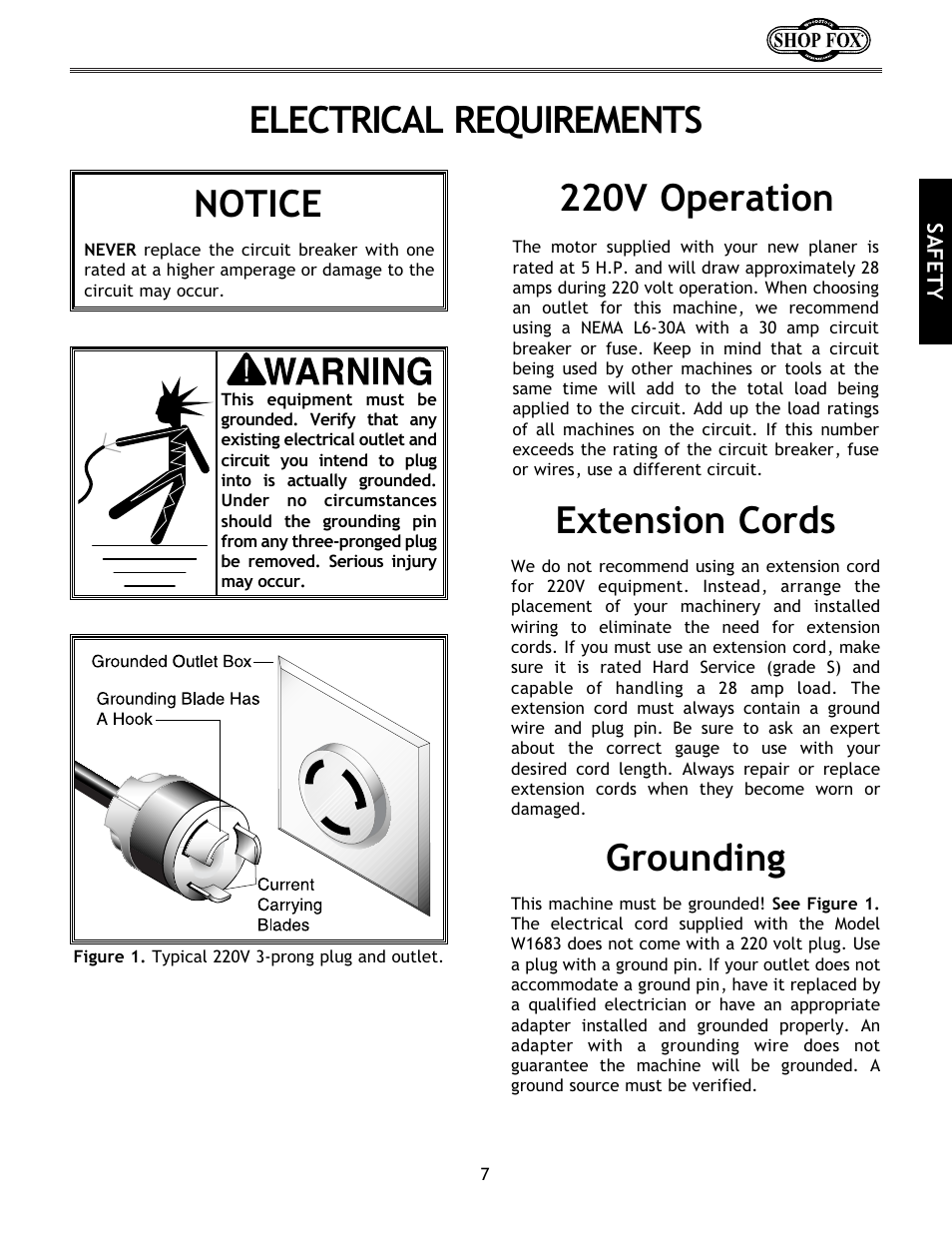 Electrical requirements 220v operation, Extension cords grounding, Notice | Woodstock International Shop Fox W1683 User Manual | Page 9 / 48