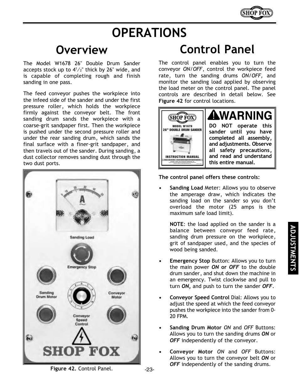 Operations, Control panel, Overview | Adjustments | Woodstock SHOP FOX W1678 User Manual | Page 25 / 54