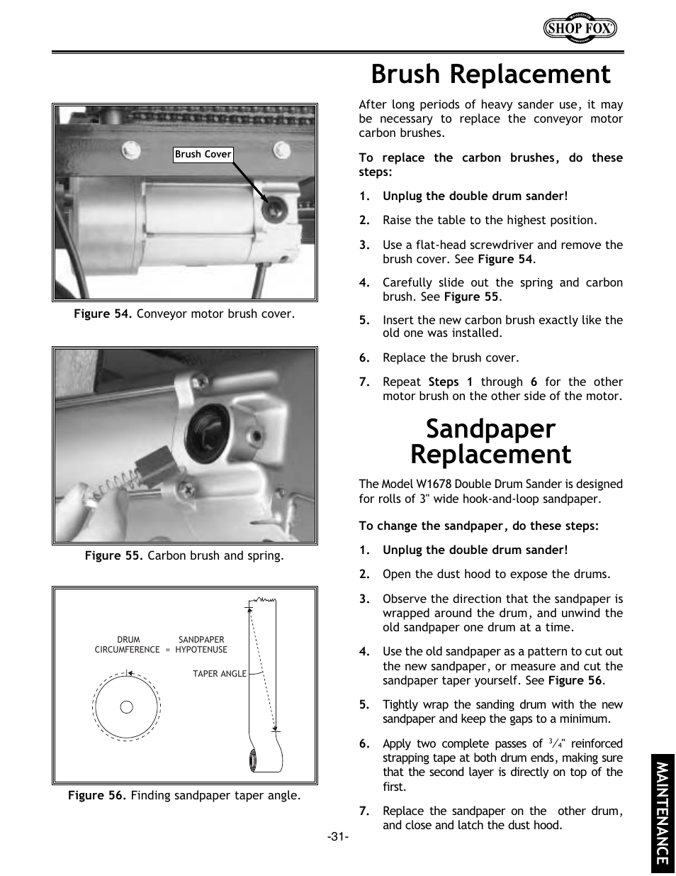 Brush replacement, Sandpaper replacement, Maintenance | Woodstock SHOP FOX W1678 User Manual | Page 33 / 54