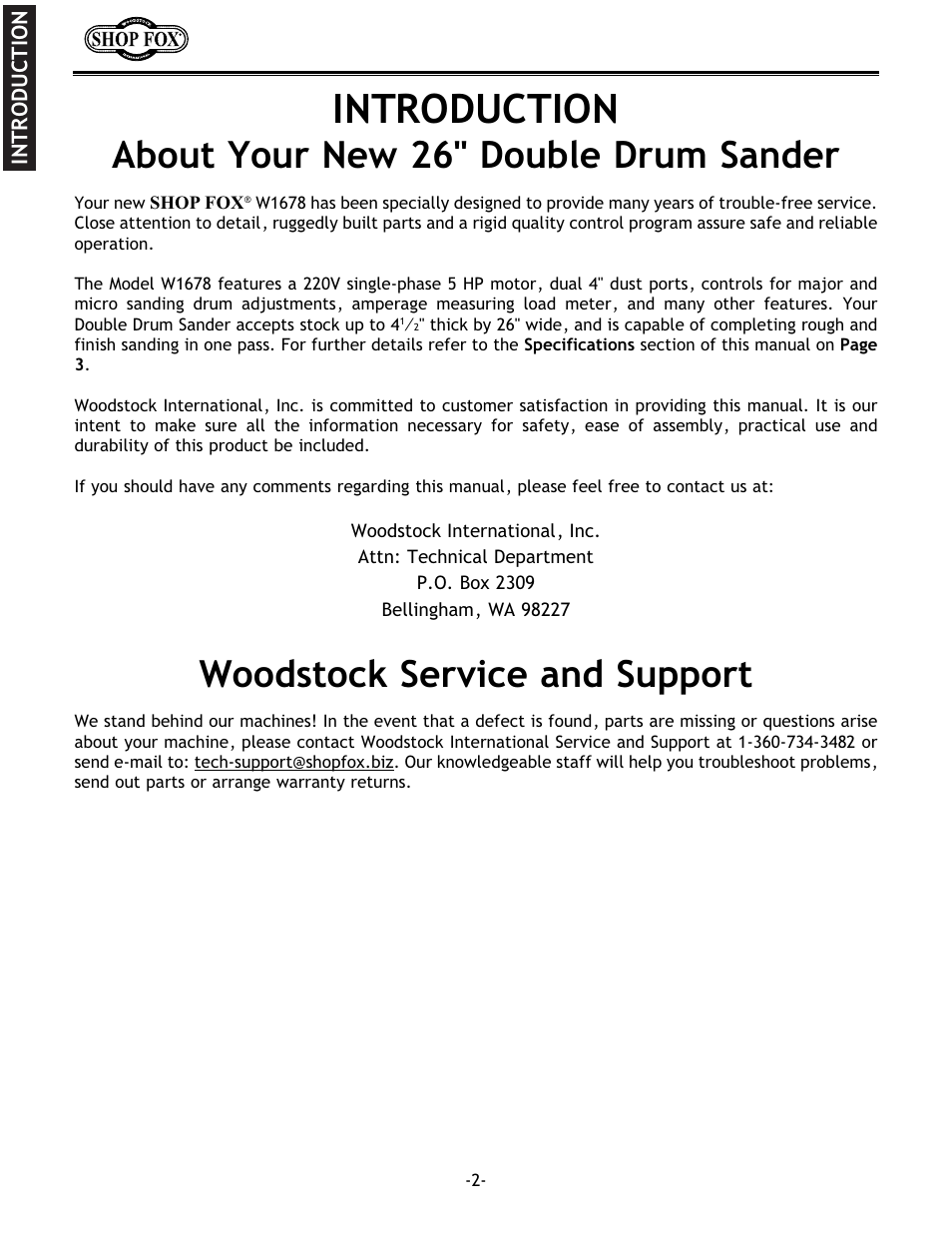 Introduction, About your new 26" double drum sander, Woodstock service and support | Woodstock SHOP FOX W1678 User Manual | Page 4 / 54