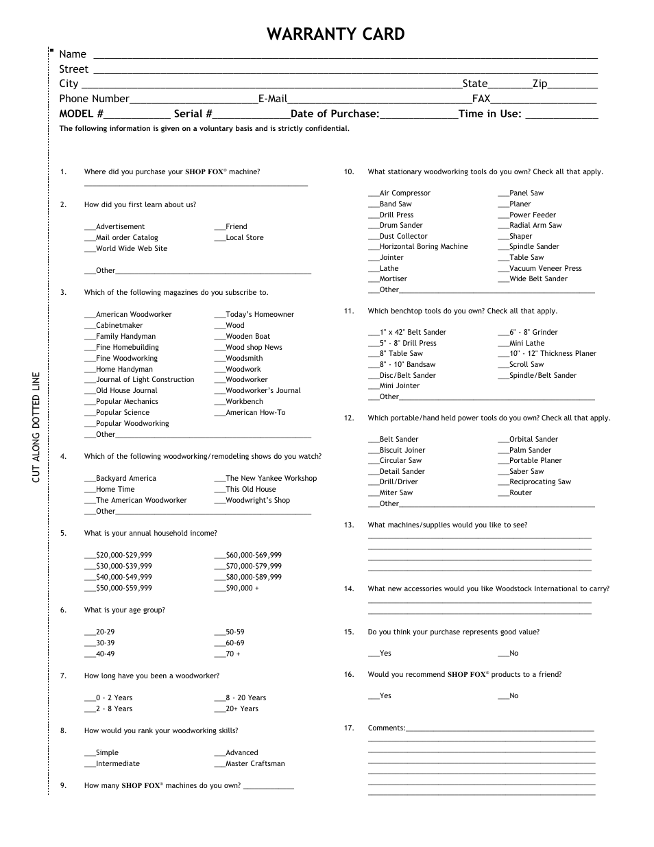 Warranty card, Cut along dotted line | Woodstock SHOP FOX W1678 User Manual | Page 52 / 54