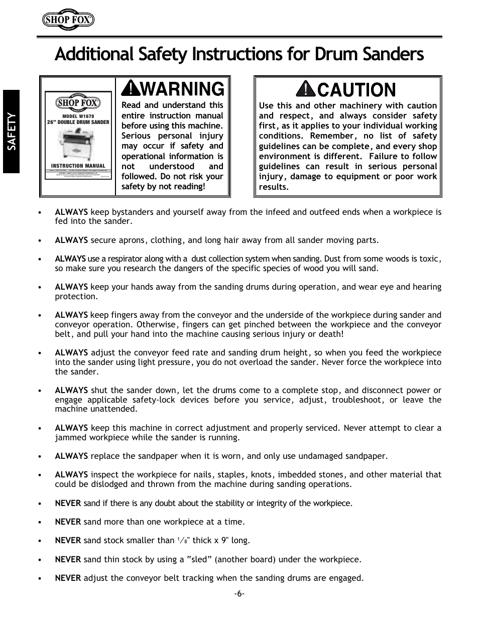 Additional safety instructions for drum sanders, Safety | Woodstock SHOP FOX W1678 User Manual | Page 8 / 54