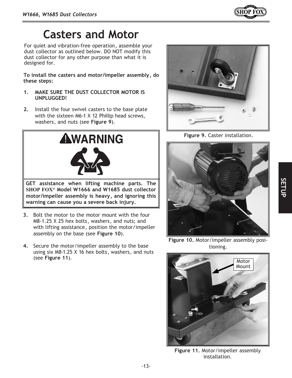 Casters and motor, Setup | Woodstock W1666 User Manual | Page 13 / 32