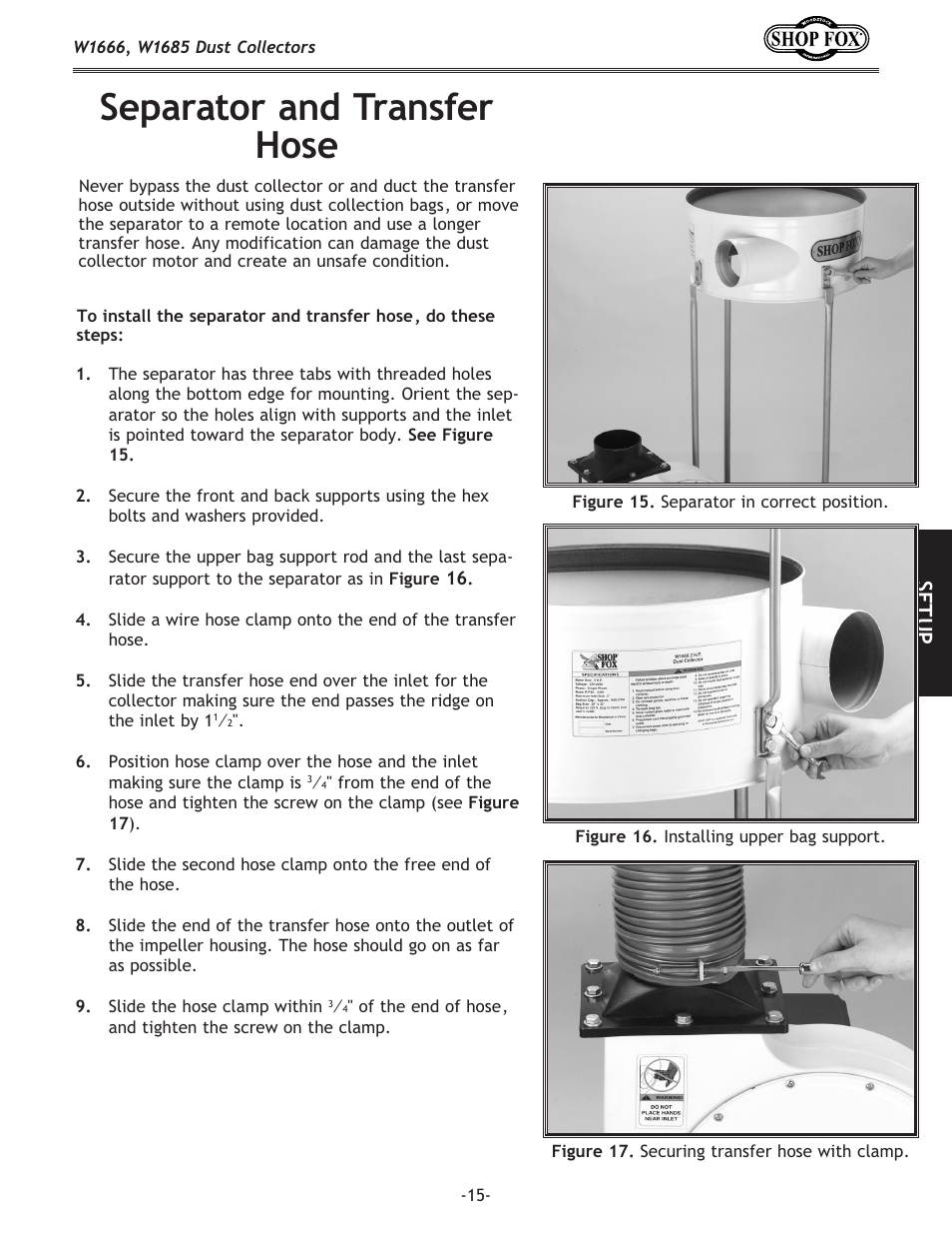 Separator and transfer hose, Setup | Woodstock W1666 User Manual | Page 15 / 32