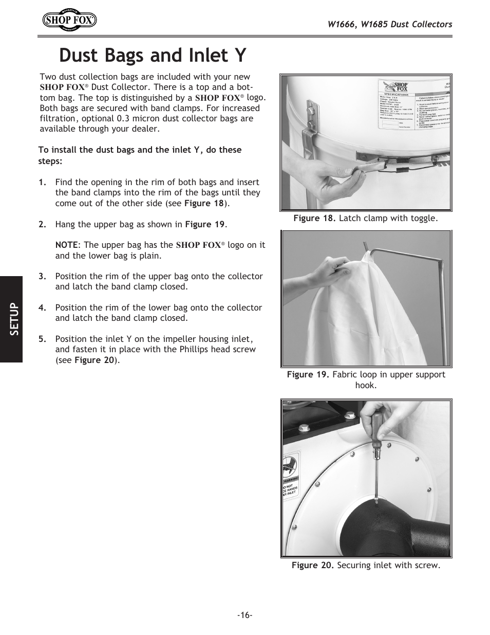 Dust bags and inlet y, Setup | Woodstock W1666 User Manual | Page 16 / 32