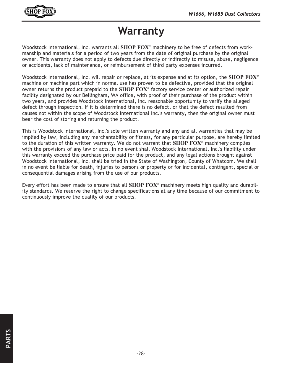 Warranty, Parts | Woodstock W1666 User Manual | Page 28 / 32