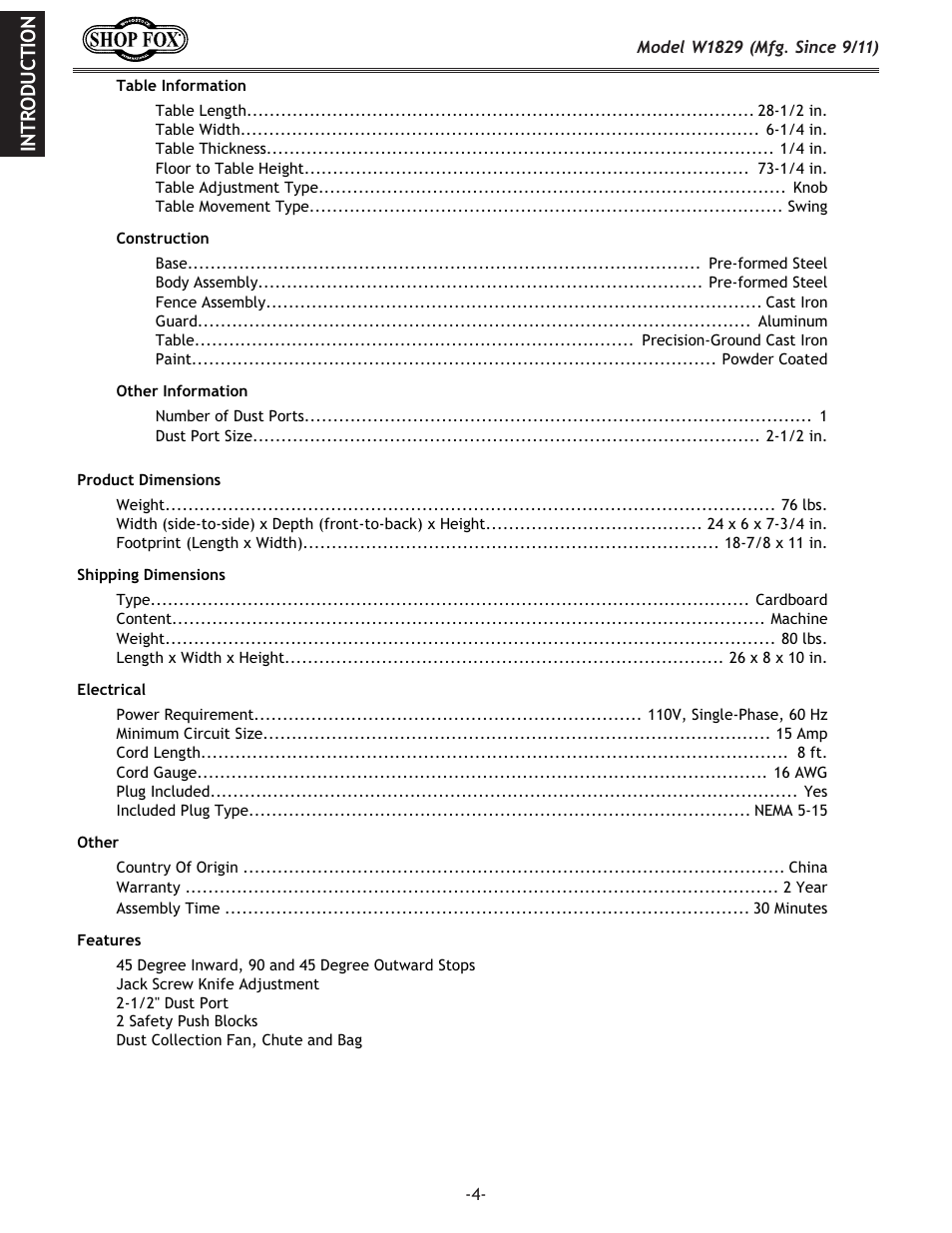Eki f;l: k@fe | Woodstock SHOP FOX W1829 User Manual | Page 6 / 48