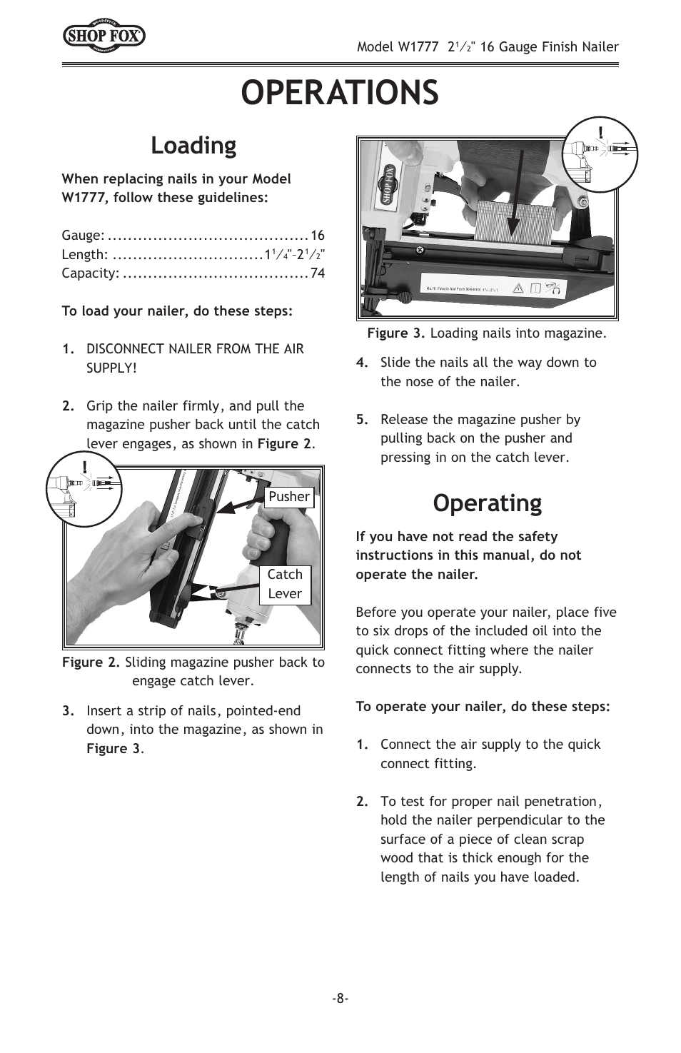 Operations, Loading, Operating | Woodstock W1777 User Manual | Page 10 / 20