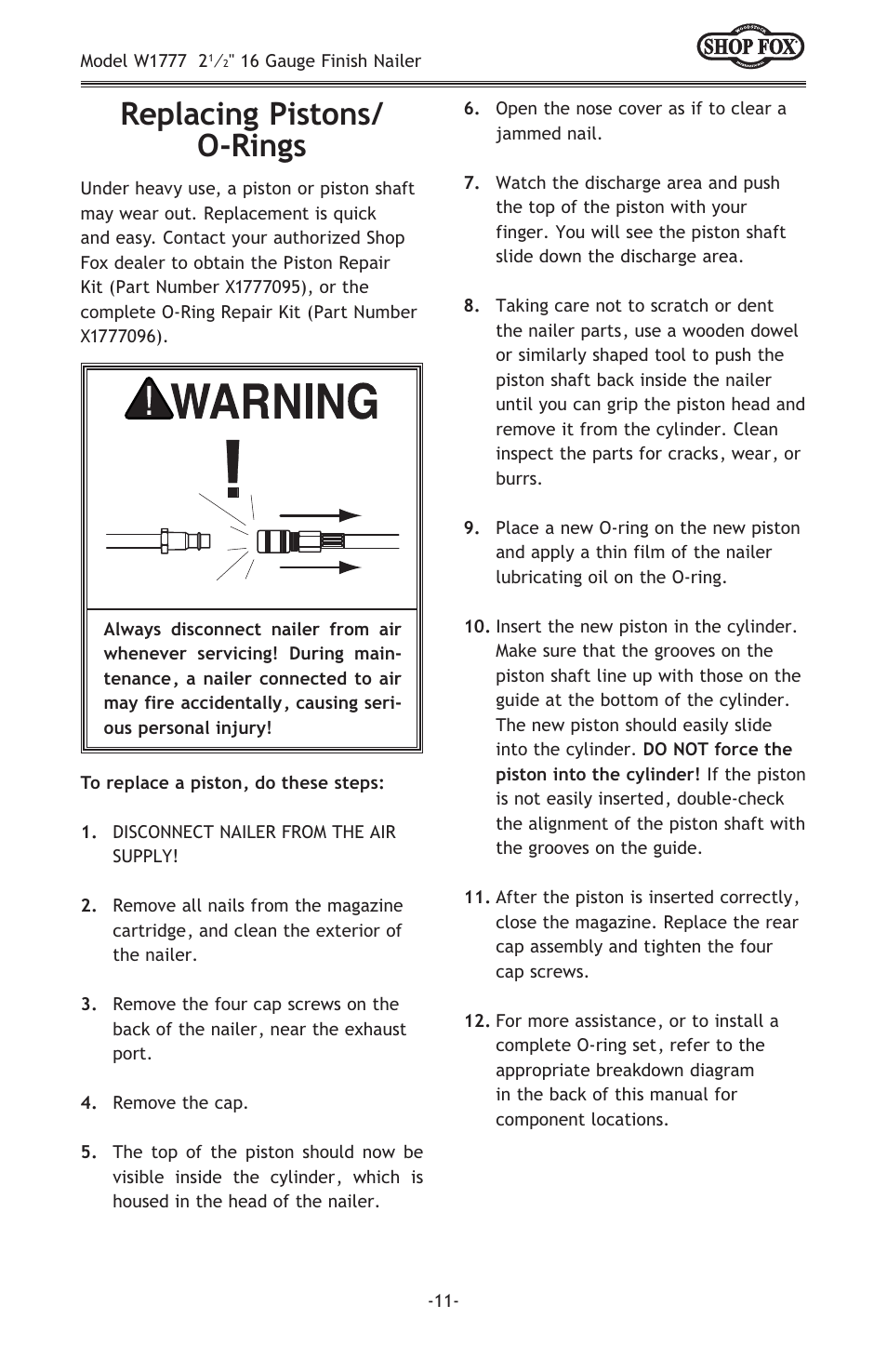 Replacing pistons/ o-rings | Woodstock W1777 User Manual | Page 13 / 20