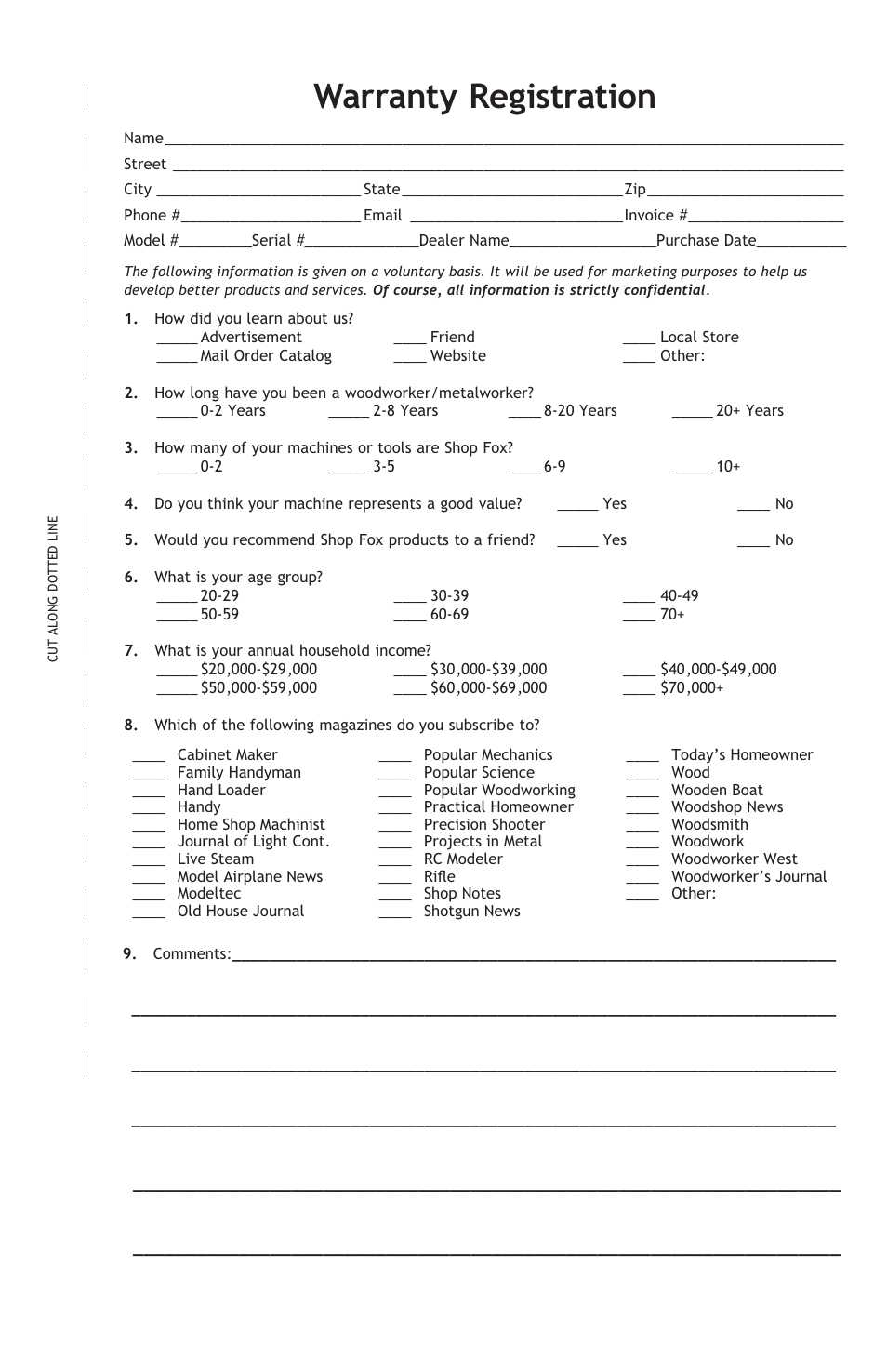 Warranty registration | Woodstock W1777 User Manual | Page 19 / 20