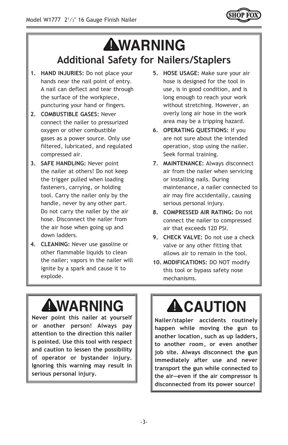 Additional safety for nailers/staplers | Woodstock W1777 User Manual | Page 5 / 20