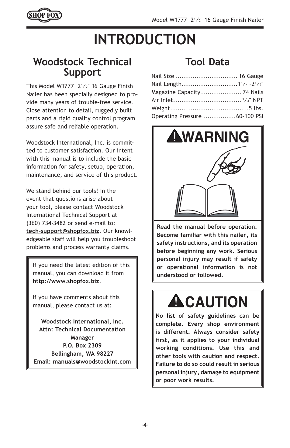 Introduction, Woodstock technical support tool data | Woodstock W1777 User Manual | Page 6 / 20