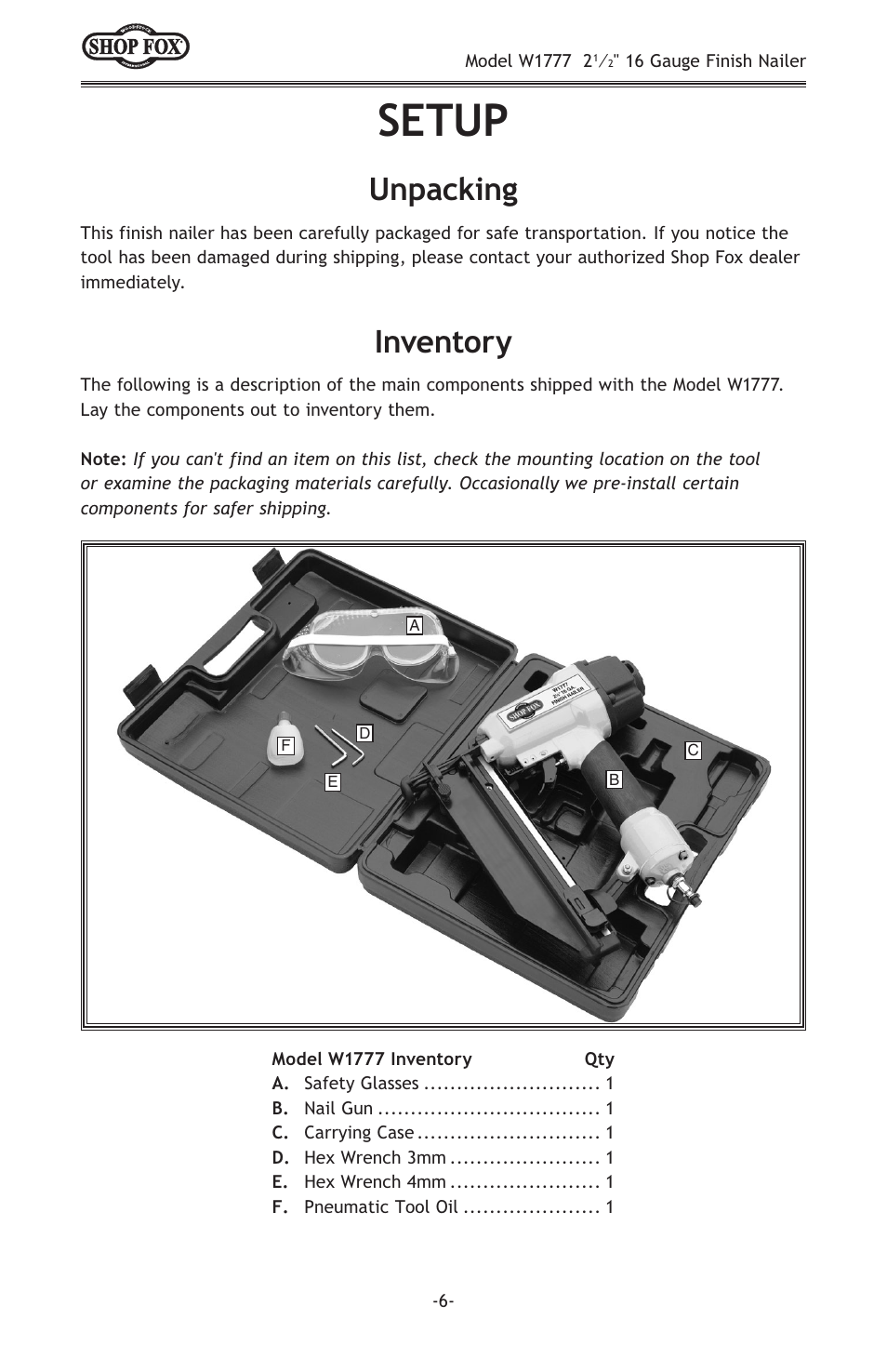 Setup, Inventory, Unpacking | Woodstock W1777 User Manual | Page 8 / 20