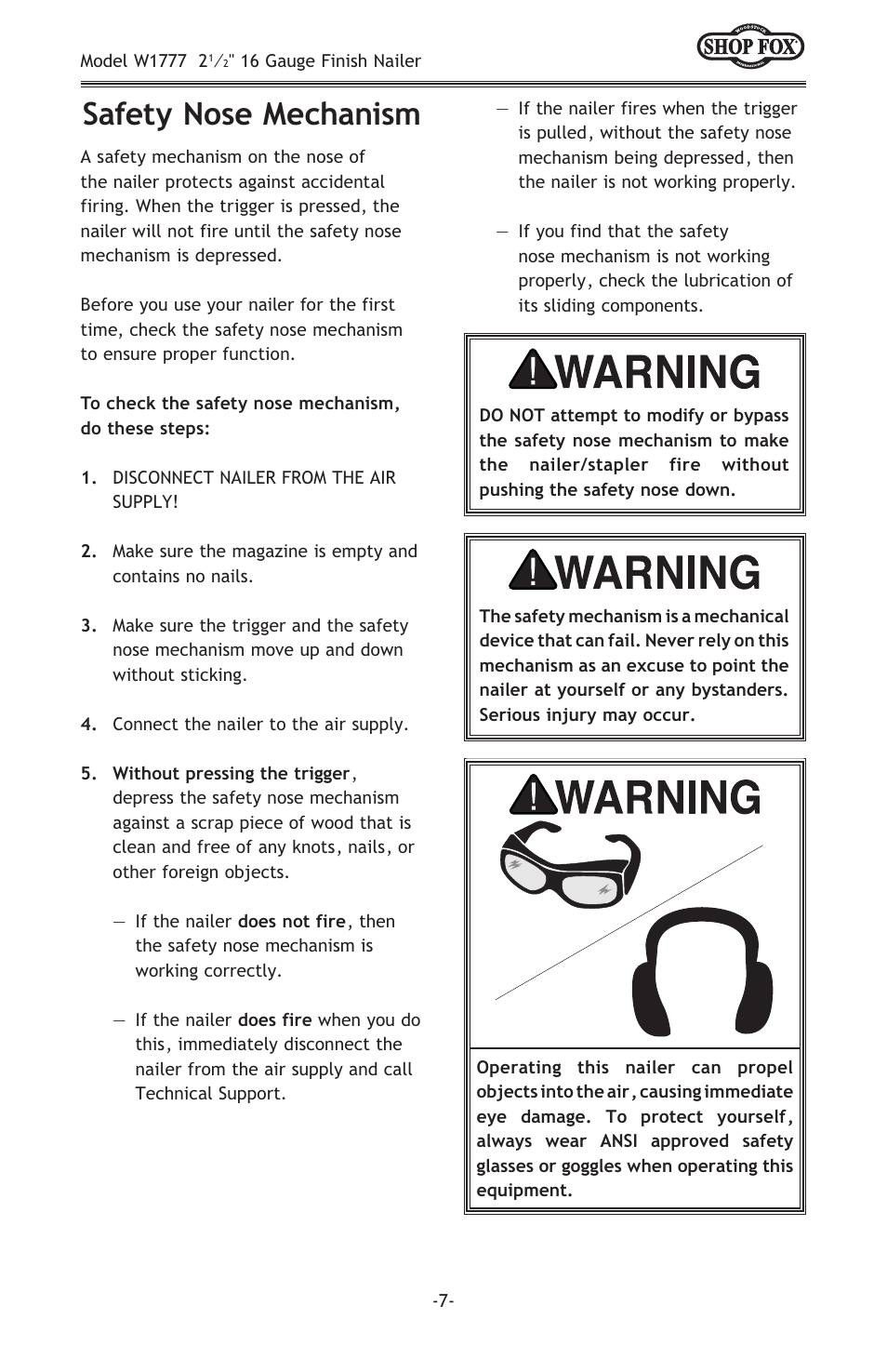 Safety nose mechanism | Woodstock W1777 User Manual | Page 9 / 20