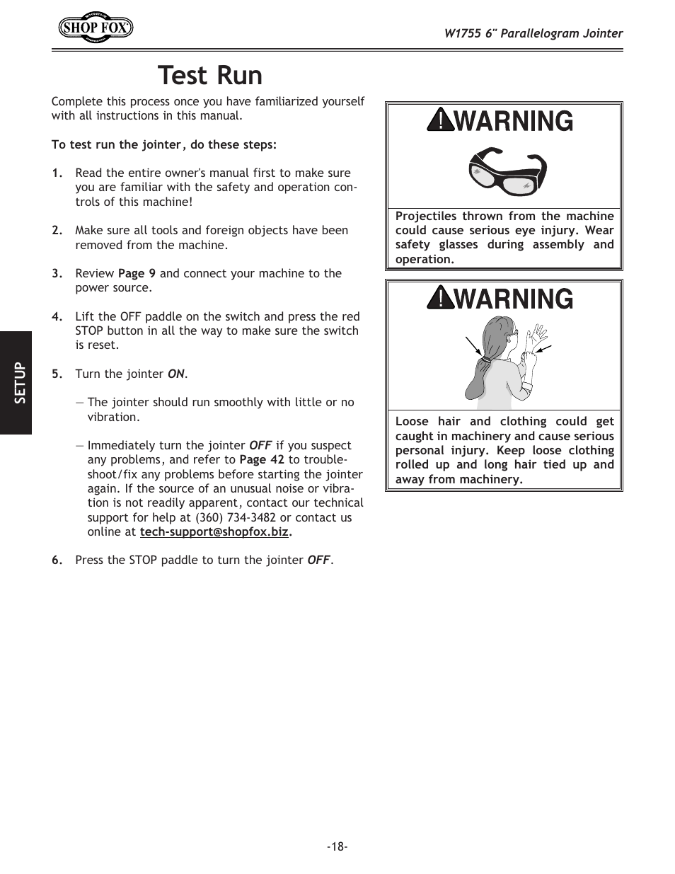 Test run | Woodstock SHOP FOX W1755 User Manual | Page 20 / 56