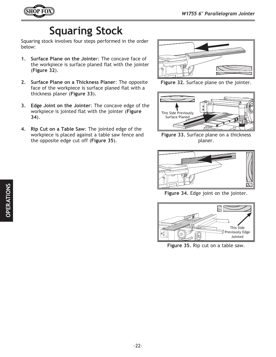 Squaring stock, Ope r at io n s | Woodstock SHOP FOX W1755 User Manual | Page 24 / 56