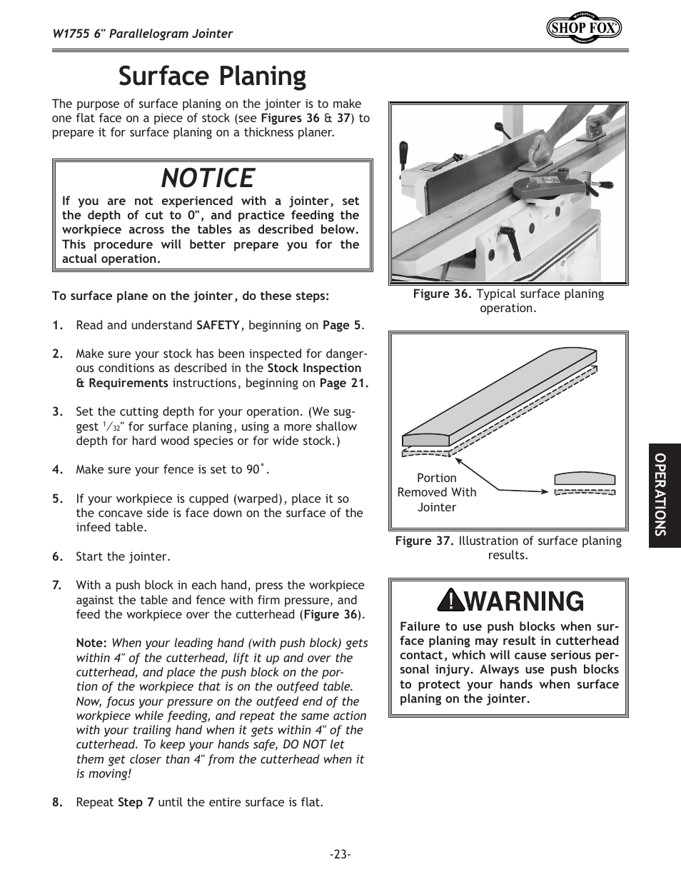 Surface planing, Notice | Woodstock SHOP FOX W1755 User Manual | Page 25 / 56