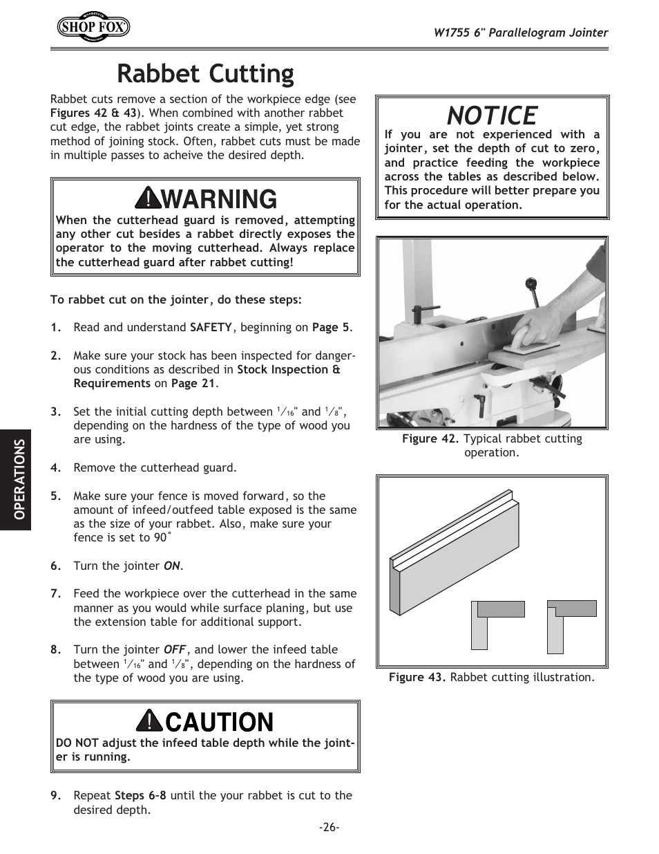 Rabbet cutting, Notice | Woodstock SHOP FOX W1755 User Manual | Page 28 / 56