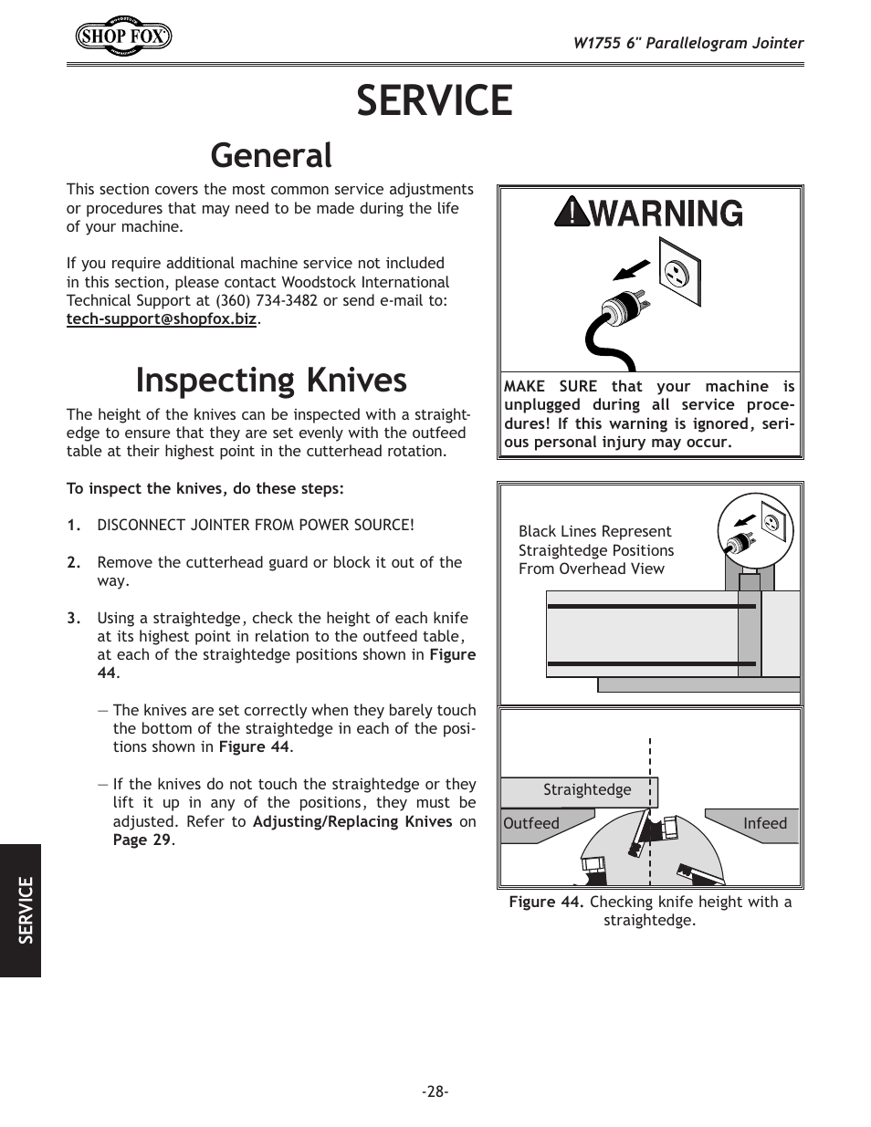 Service, General, Inspecting knives | Woodstock SHOP FOX W1755 User Manual | Page 30 / 56