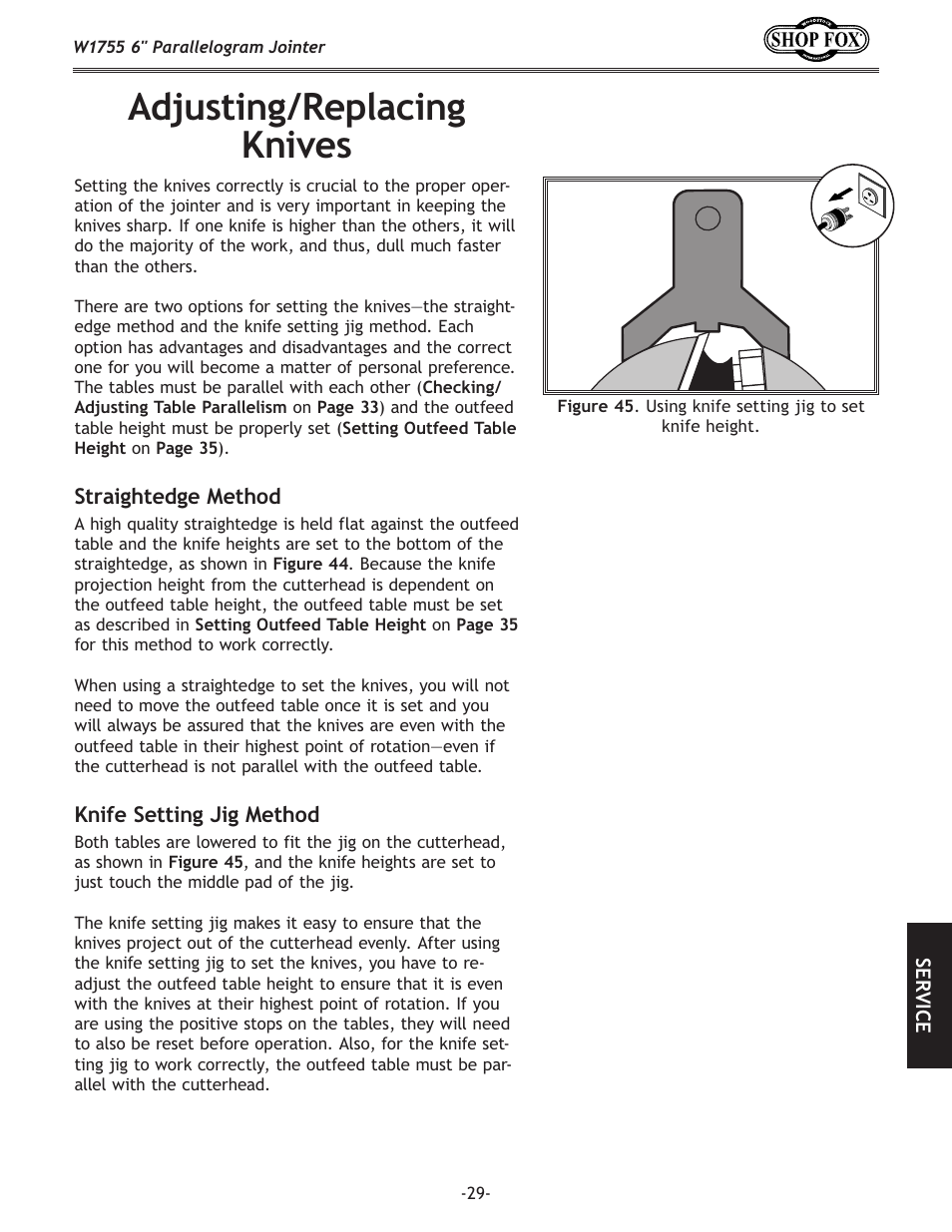 Adjusting/replacing knives | Woodstock SHOP FOX W1755 User Manual | Page 31 / 56