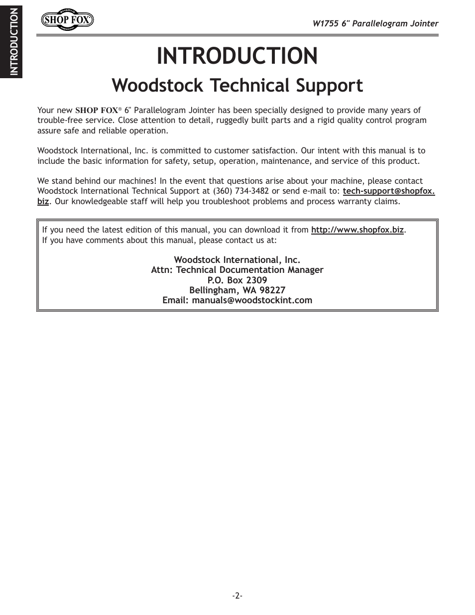 Introduction, Woodstock technical support | Woodstock SHOP FOX W1755 User Manual | Page 4 / 56