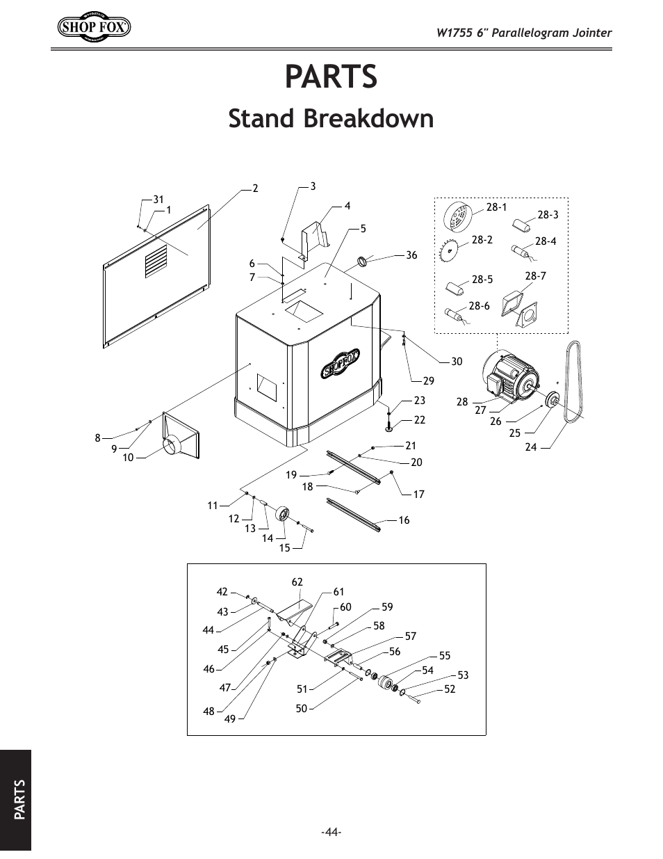 Parts, Stand breakdown, Pa rt s | Woodstock SHOP FOX W1755 User Manual | Page 46 / 56