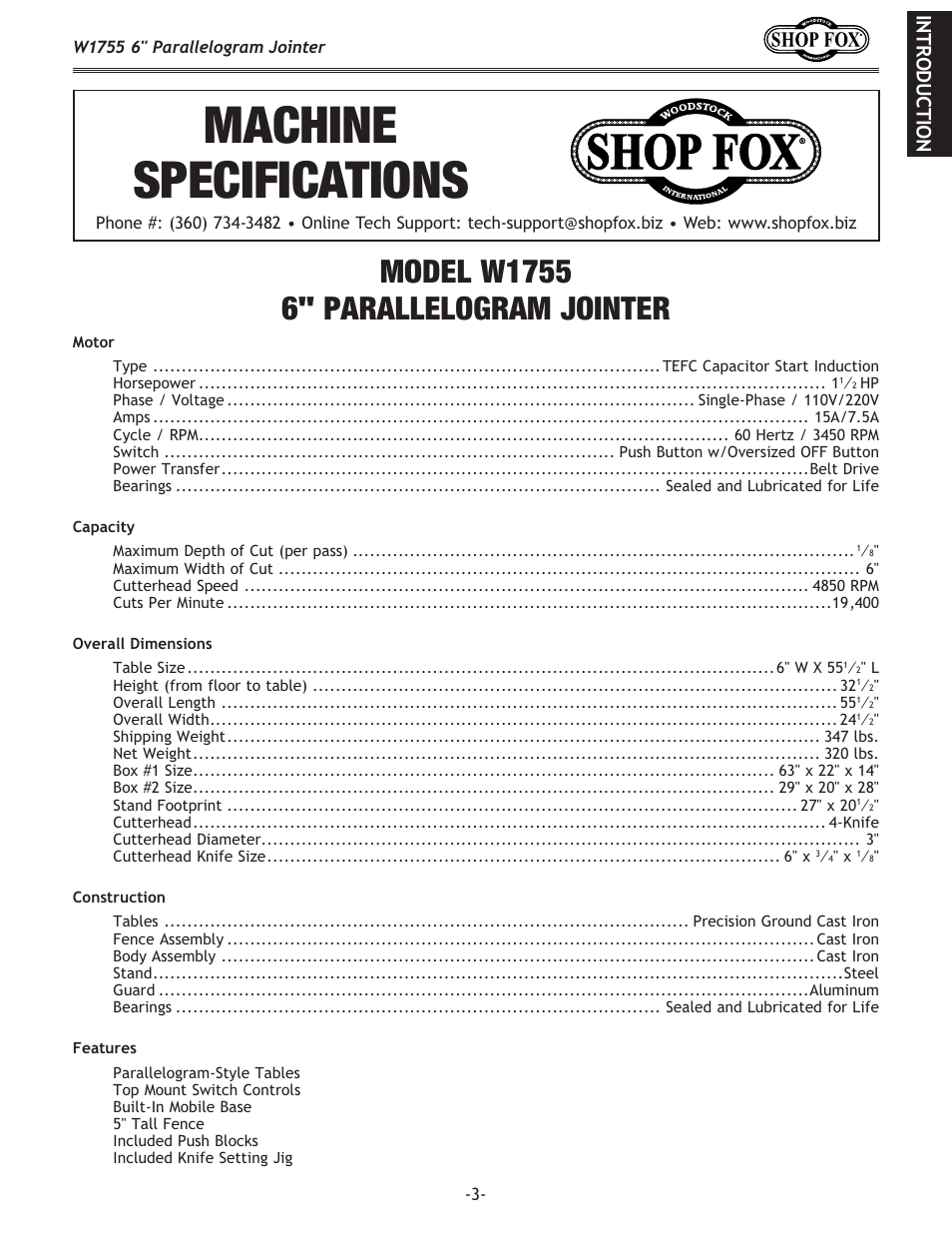 Machine specifications | Woodstock SHOP FOX W1755 User Manual | Page 5 / 56