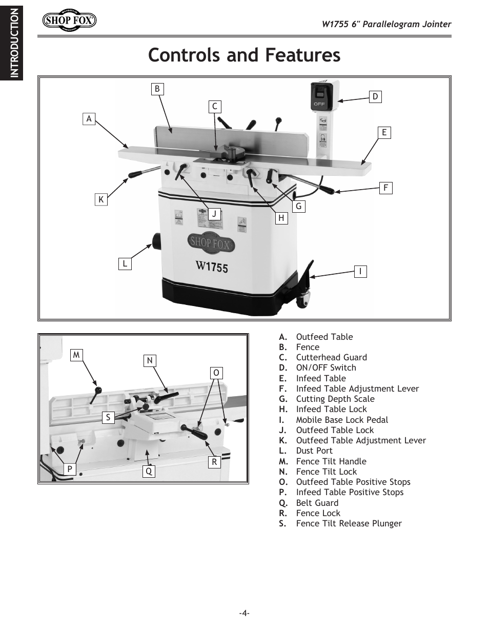 Controls and features | Woodstock SHOP FOX W1755 User Manual | Page 6 / 56