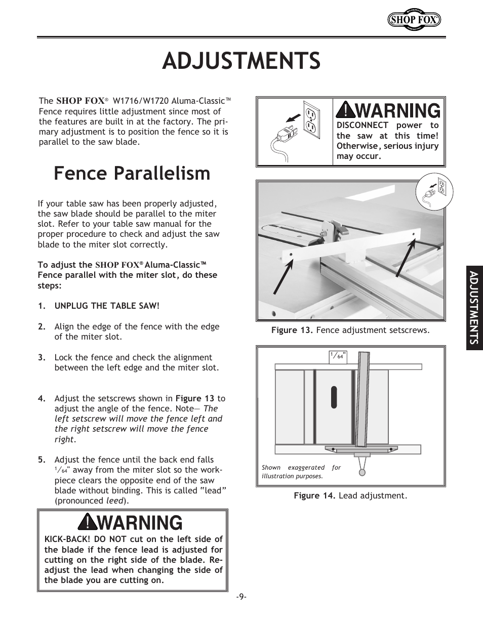 Fence parallelism, Adjustments | Woodstock ALUMA-CLASSIC W1720 User Manual | Page 11 / 20