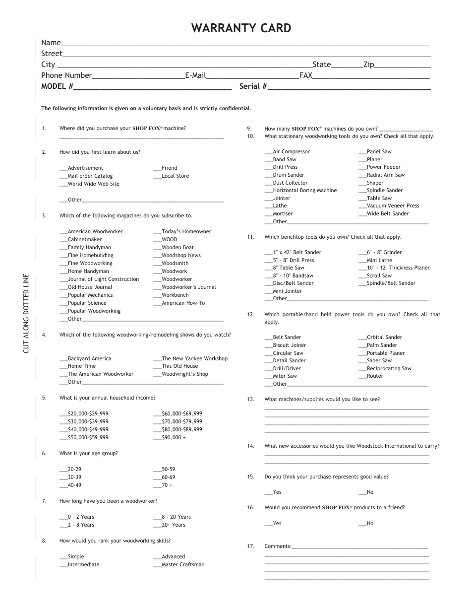 Warranty card, Cut along dotted line | Woodstock ALUMA-CLASSIC W1720 User Manual | Page 17 / 20