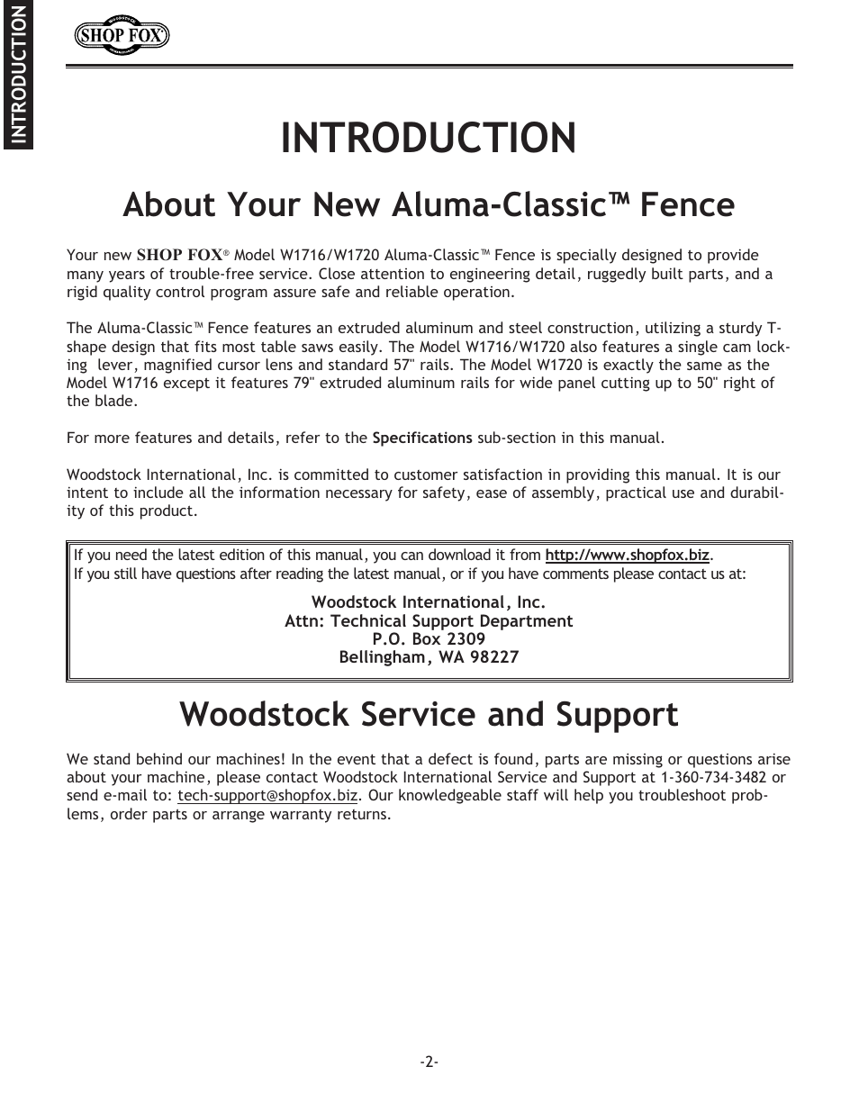 Introduction | Woodstock ALUMA-CLASSIC W1720 User Manual | Page 4 / 20