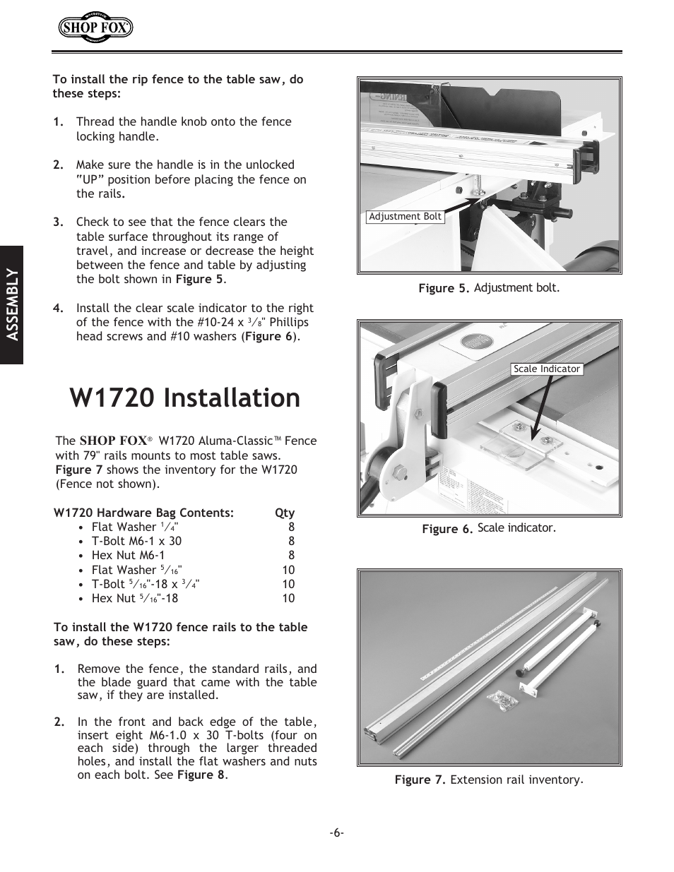 W1720 installation, Assembly | Woodstock ALUMA-CLASSIC W1720 User Manual | Page 8 / 20