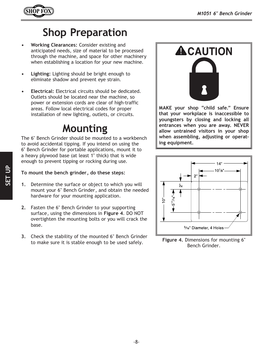 Shop preparation, Mounting | Woodstock 6" BENCH GRINDER M1051 User Manual | Page 10 / 24