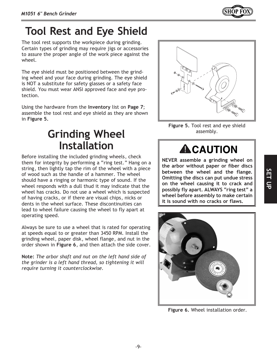 Tool rest and eye shield, Grinding wheel installation | Woodstock 6" BENCH GRINDER M1051 User Manual | Page 11 / 24