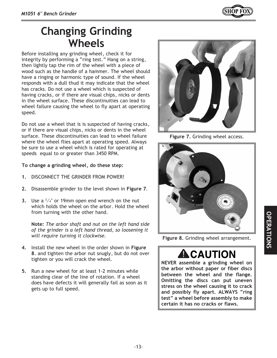 Changing grinding wheels, Operations | Woodstock 6" BENCH GRINDER M1051 User Manual | Page 15 / 24