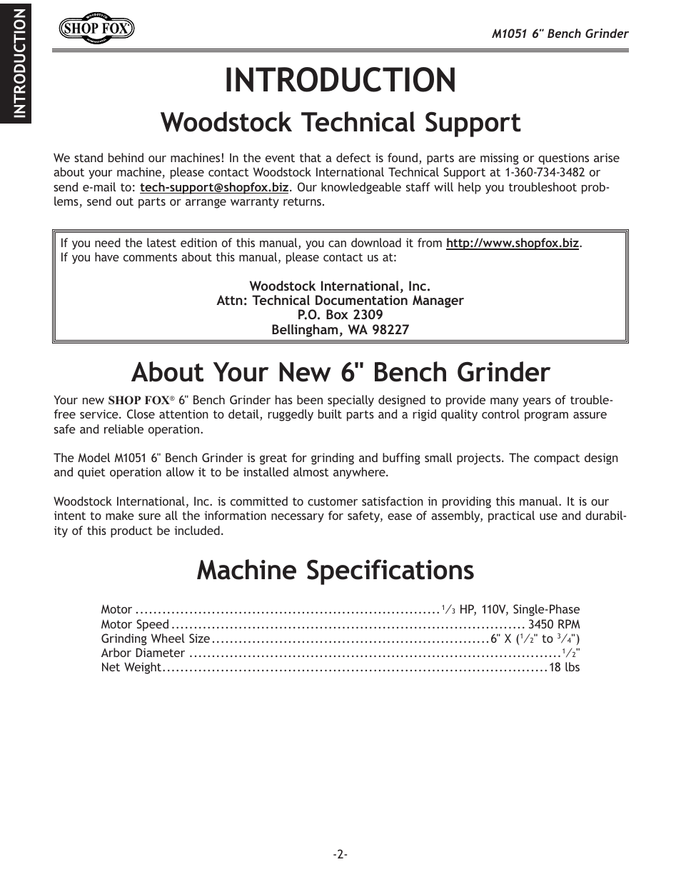 Woodstock technical support, Machine specifications, About your new 6" bench grinder | Introduction | Woodstock 6" BENCH GRINDER M1051 User Manual | Page 4 / 24