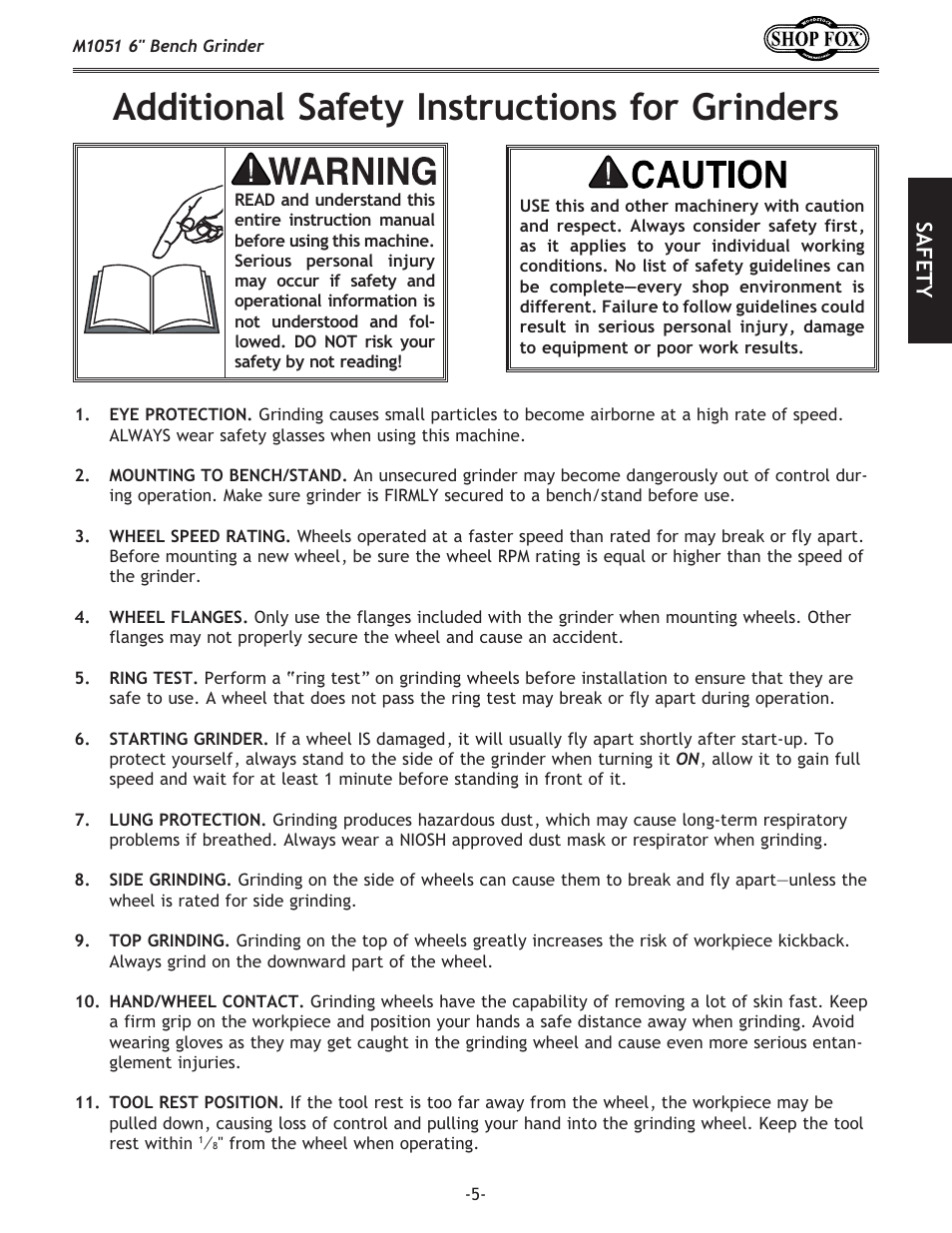 Additional safety instructions for grinders, Safety | Woodstock 6" BENCH GRINDER M1051 User Manual | Page 7 / 24