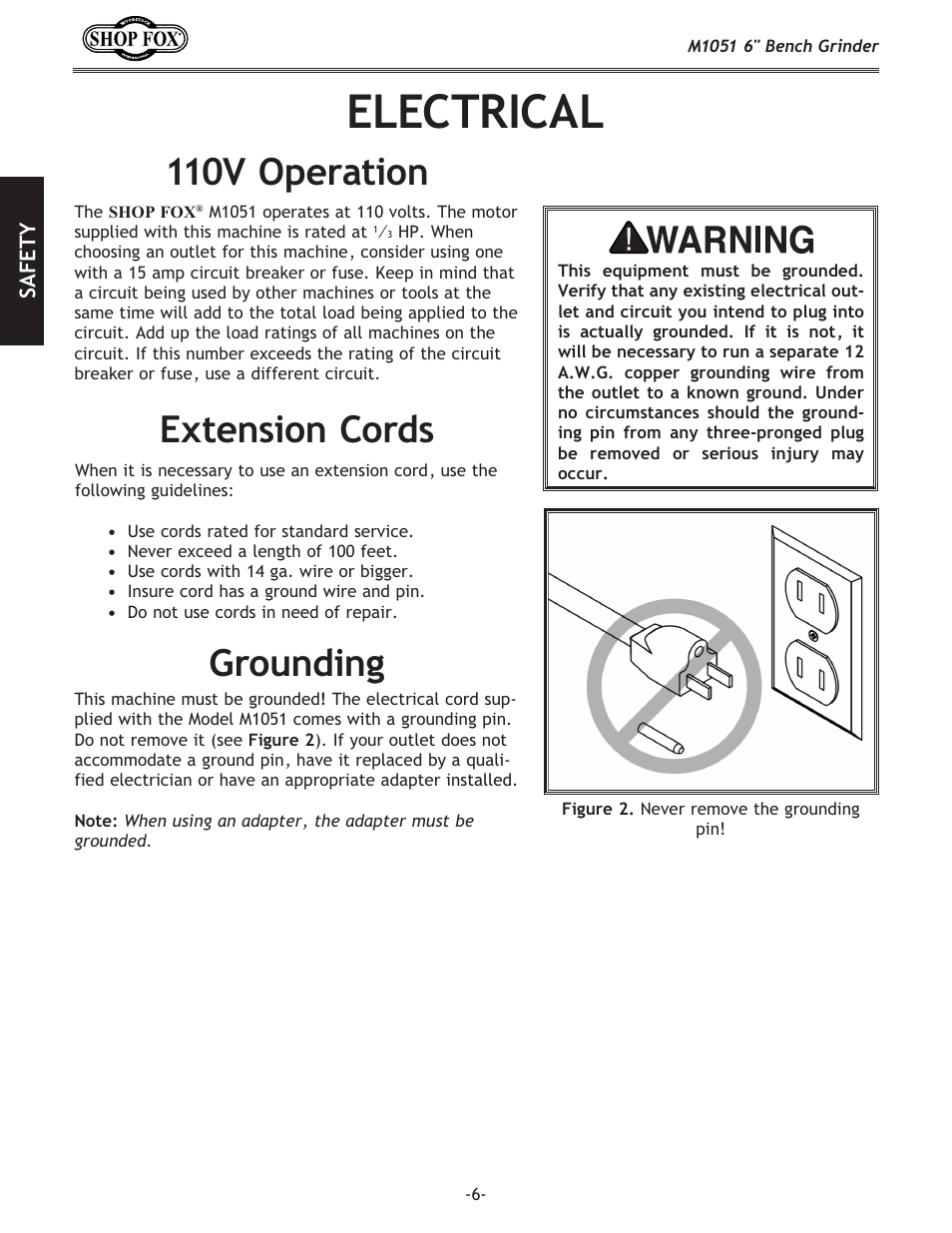 Electrical, 110v operation, Extension cords grounding | Woodstock 6" BENCH GRINDER M1051 User Manual | Page 8 / 24