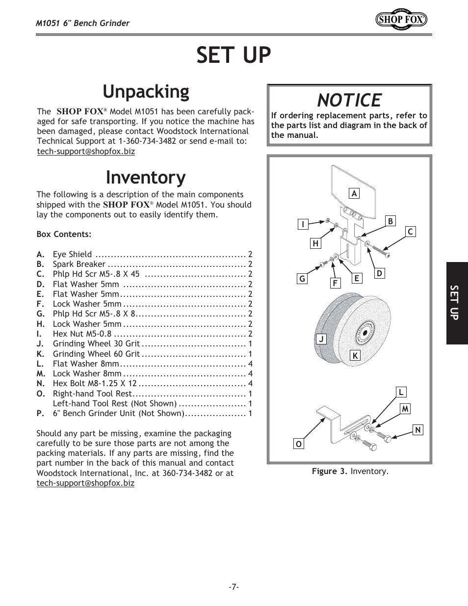 Set up, Unpacking, Inventory notice | Woodstock 6" BENCH GRINDER M1051 User Manual | Page 9 / 24