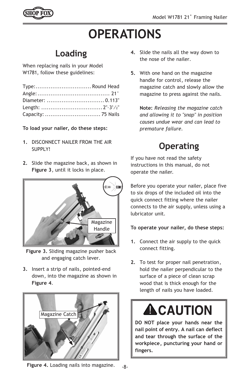 Operations, Loading, Operating | Woodstock W1781 User Manual | Page 10 / 20