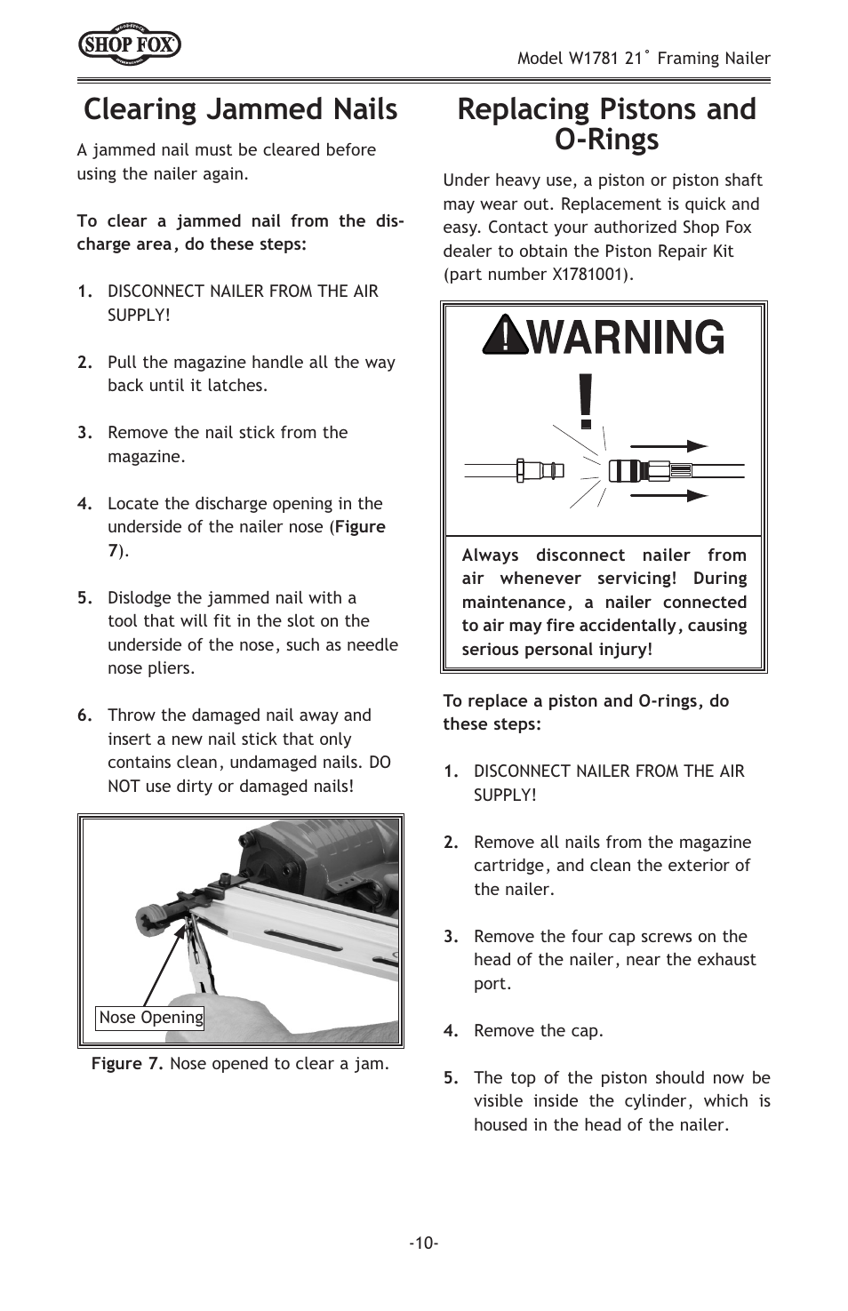 Clearing jammed nails, Replacing pistons and o-rings | Woodstock W1781 User Manual | Page 12 / 20