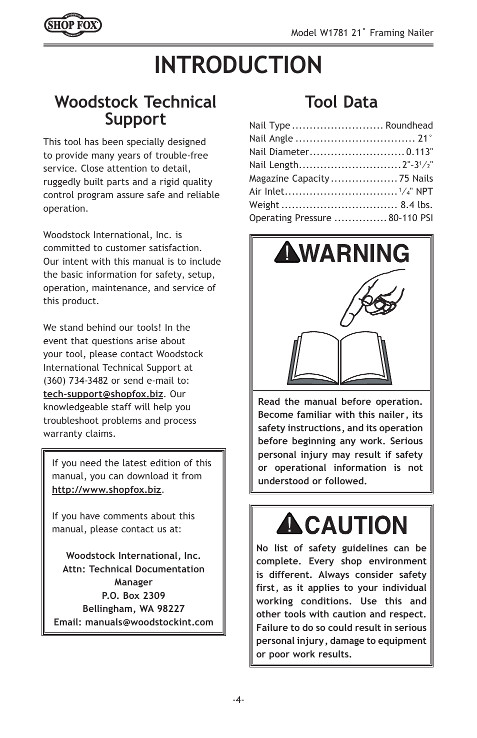 Introduction, Woodstock technical support tool data | Woodstock W1781 User Manual | Page 6 / 20