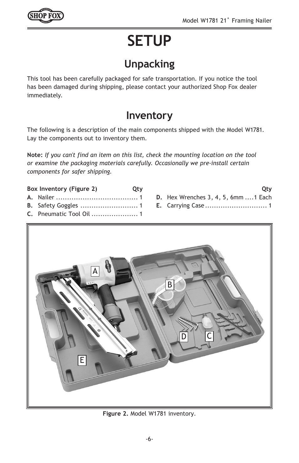 Setup, Inventory, Unpacking | Woodstock W1781 User Manual | Page 8 / 20