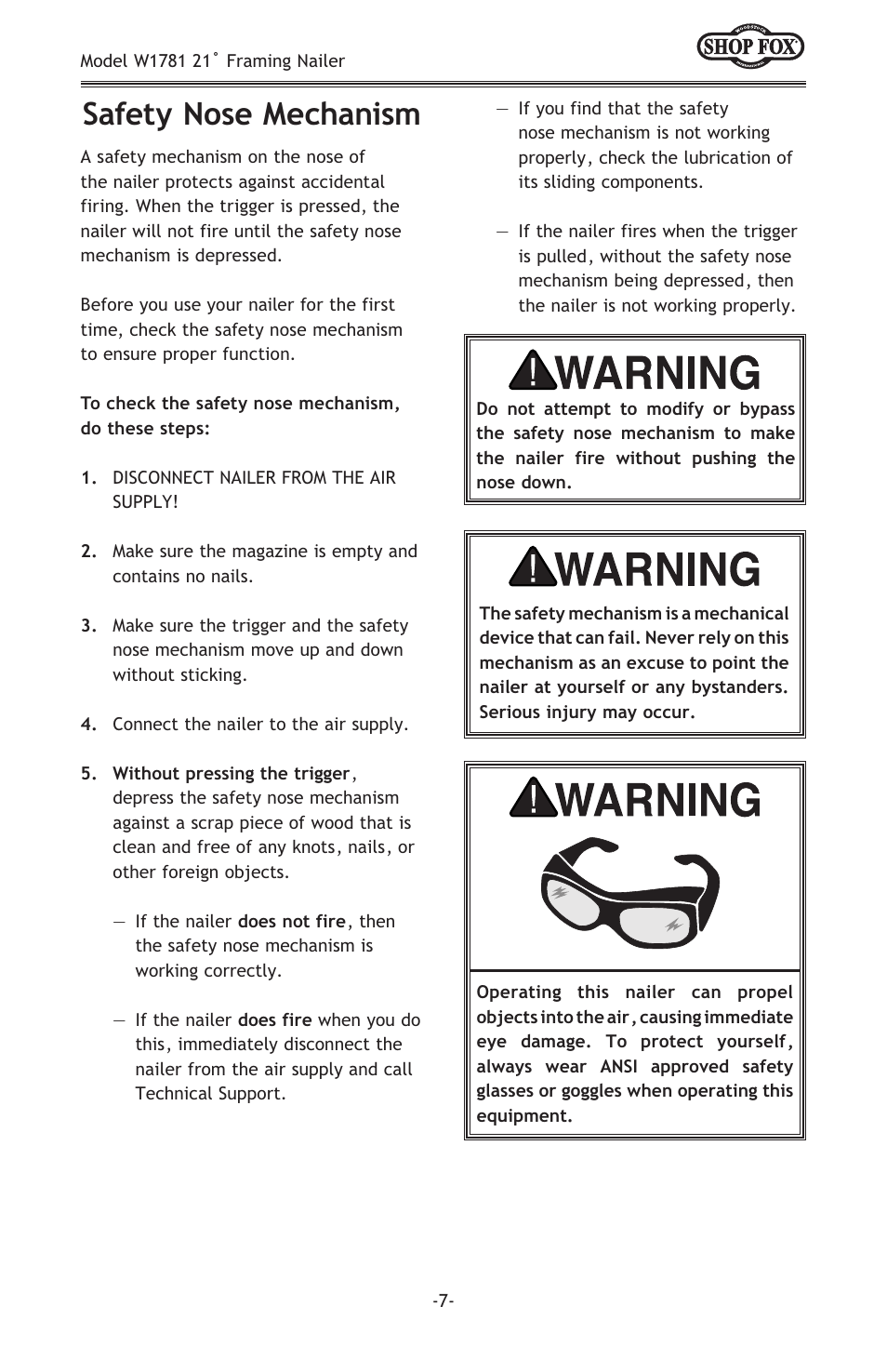 Safety nose mechanism | Woodstock W1781 User Manual | Page 9 / 20