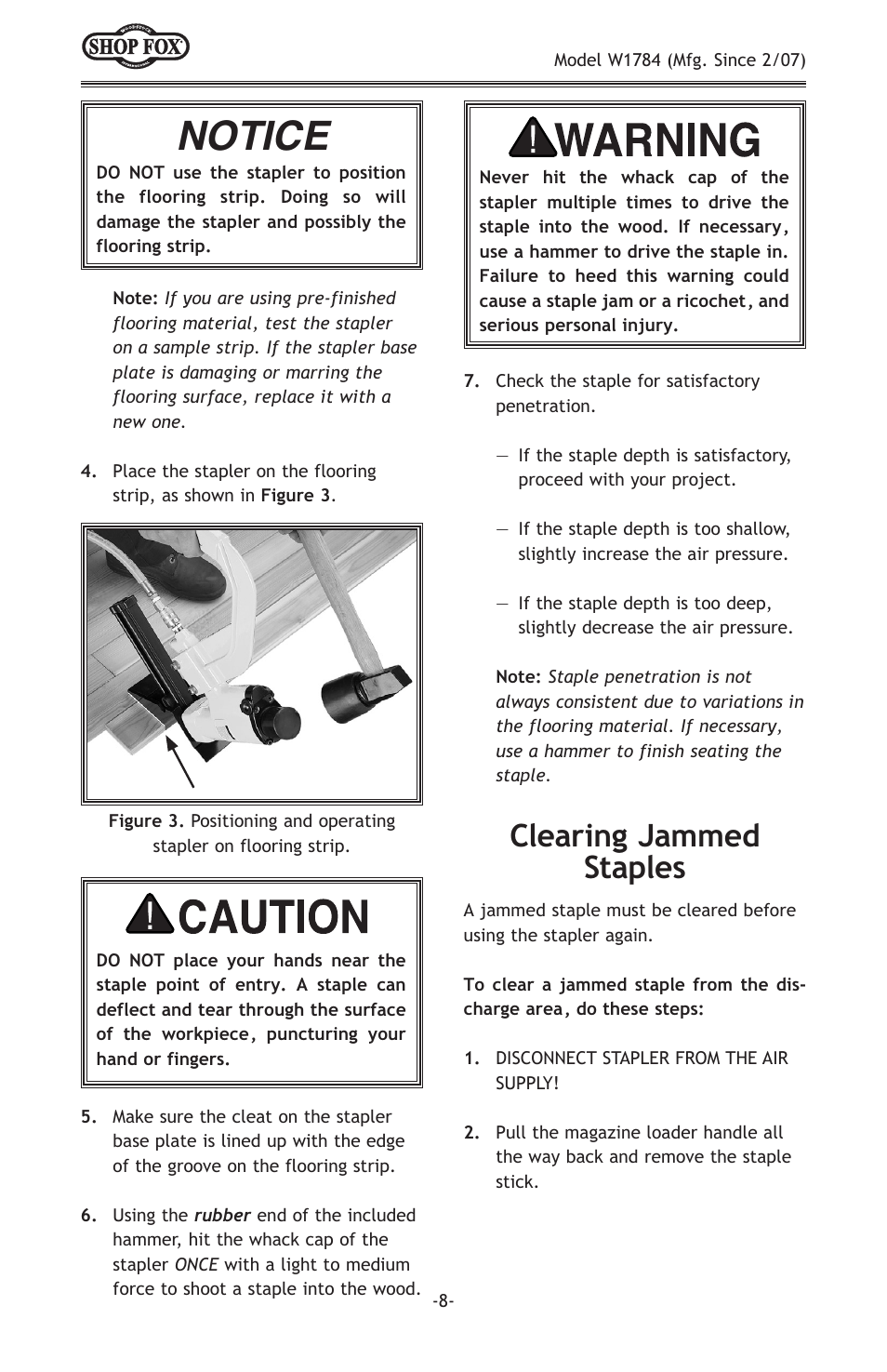 Notice, Clearing jammed staples | Woodstock W1784 User Manual | Page 10 / 20