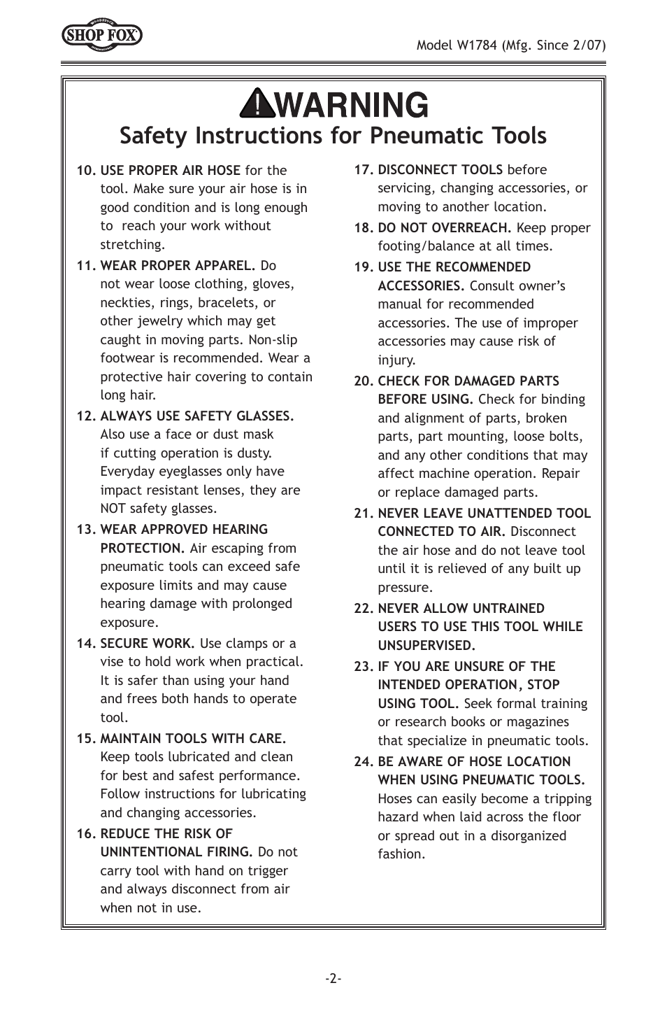 Safety instructions for pneumatic tools | Woodstock W1784 User Manual | Page 4 / 20