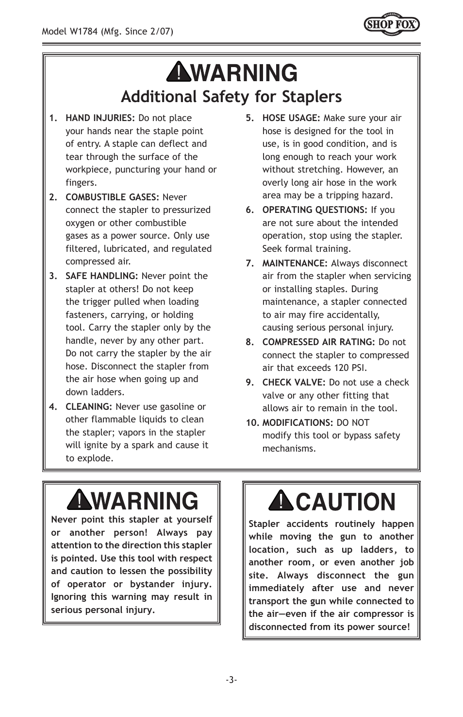 Additional safety for staplers | Woodstock W1784 User Manual | Page 5 / 20