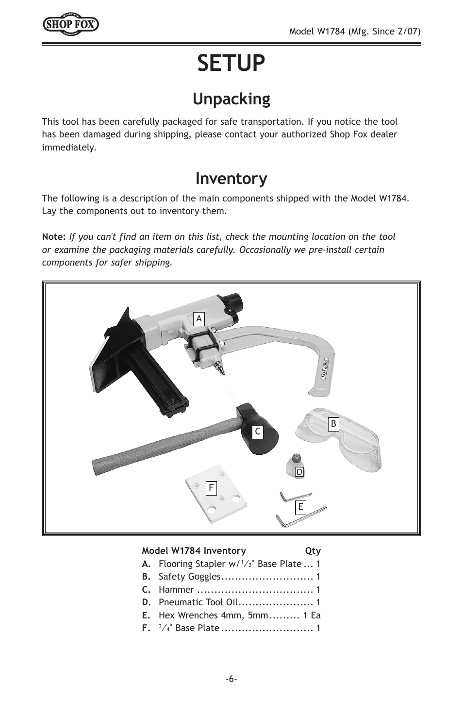 Setup, Inventory, Unpacking | Woodstock W1784 User Manual | Page 8 / 20