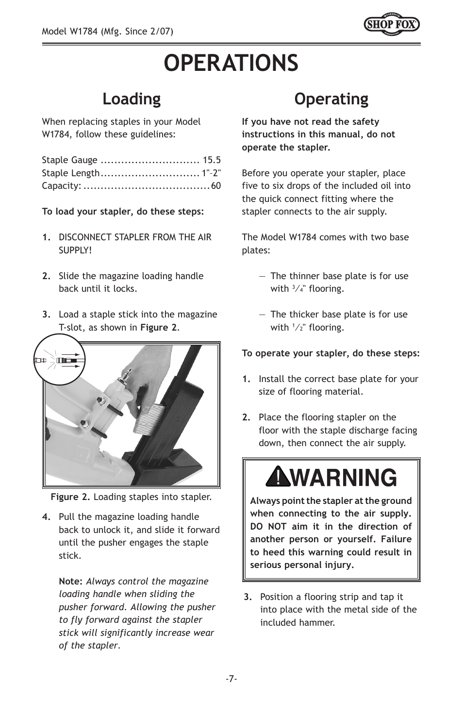 Operations, Loading, Operating | Woodstock W1784 User Manual | Page 9 / 20