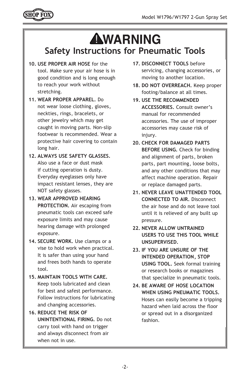 Safety instructions for pneumatic tools | Woodstock W1796 User Manual | Page 4 / 24
